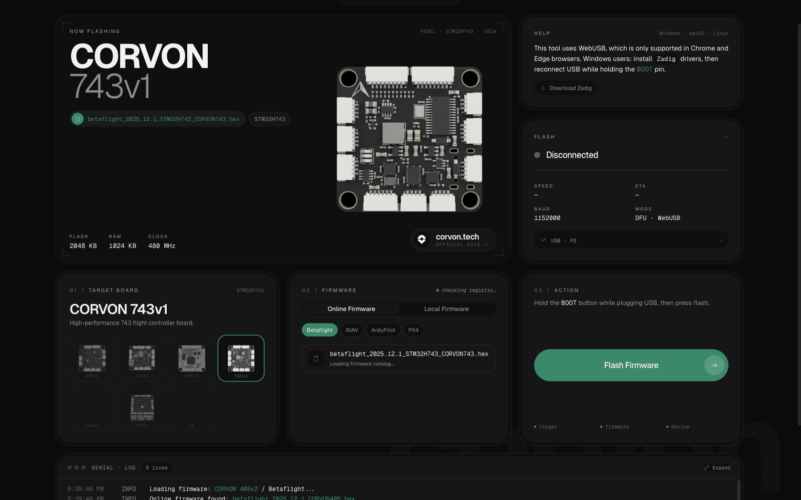 CORVON online firmware flasher — browser-based Web Serial UI for flashing CORVON flight controllers