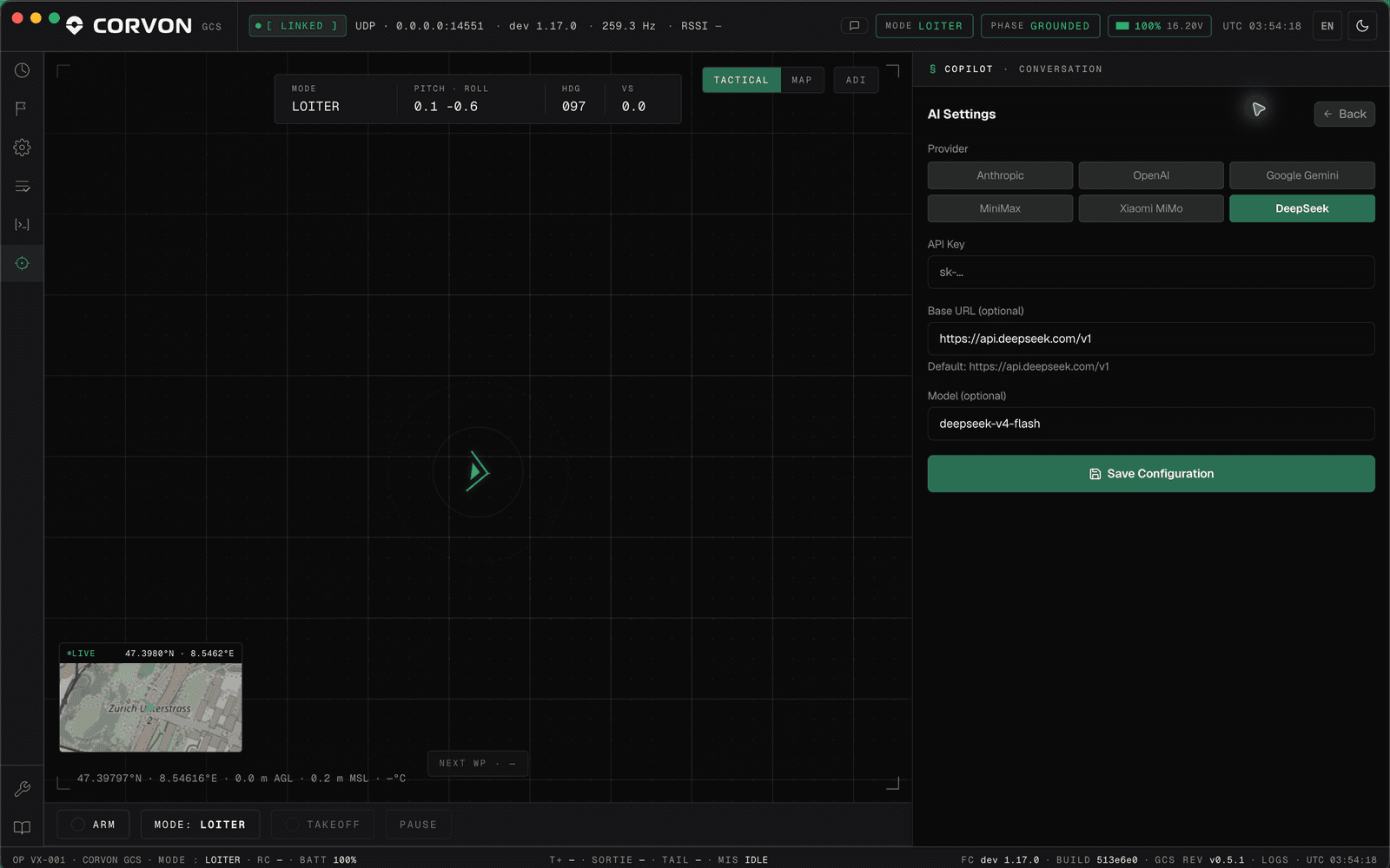Corvon AI GCS AI Settings panel: pick a provider (Anthropic, OpenAI, Gemini, DeepSeek, and two more) and enter your own API key, base URL, and model.