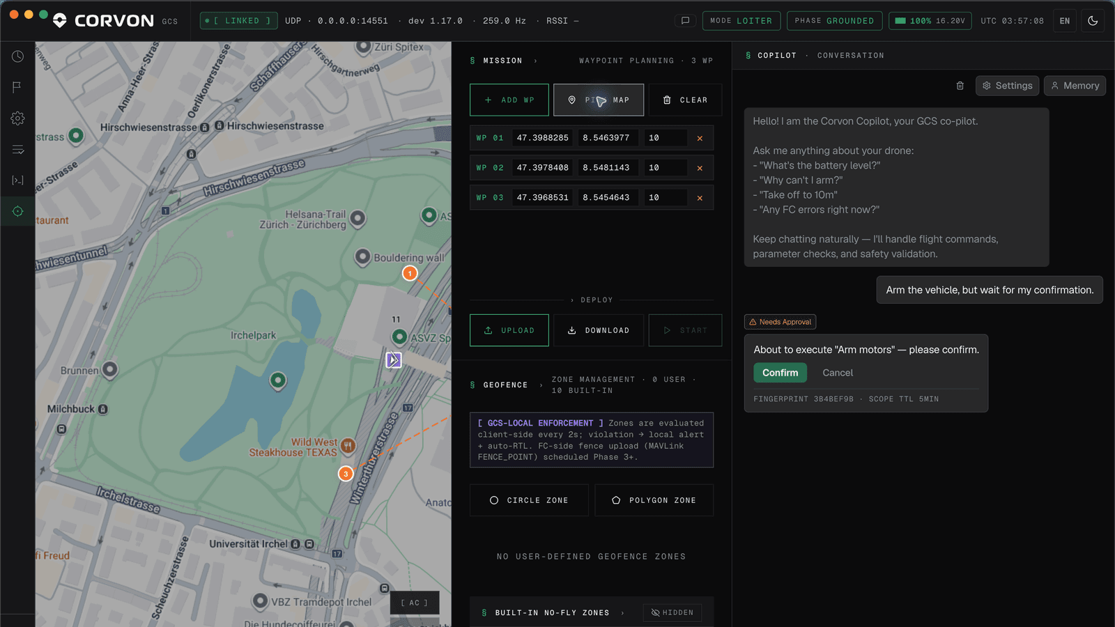 Mission planning page with a map, route tools, and the Copilot panel.