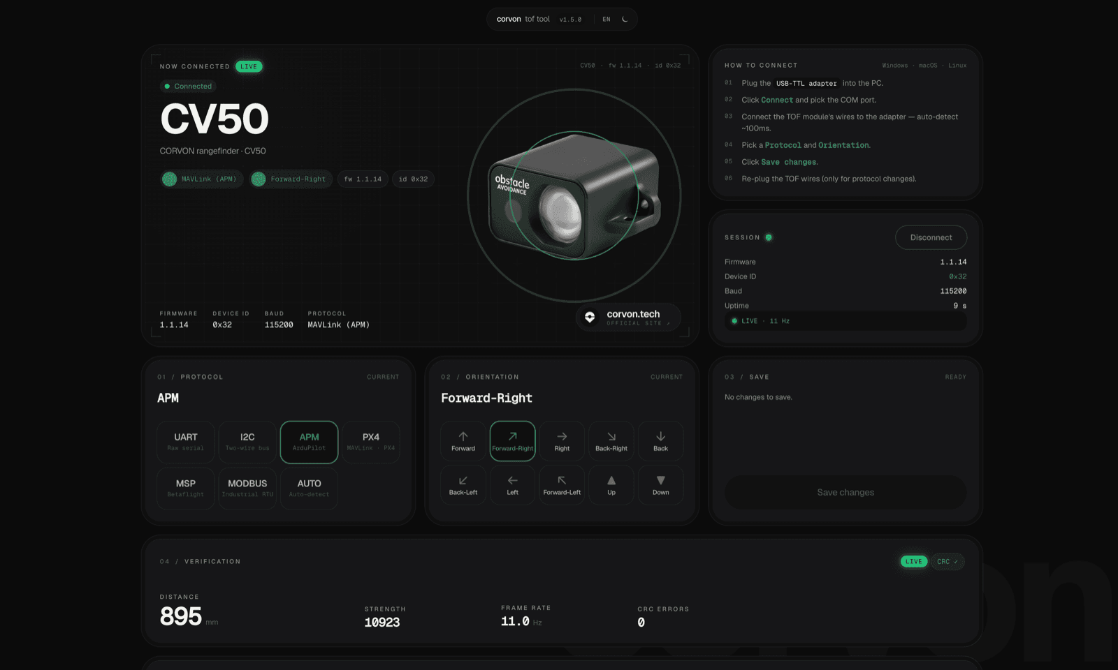 CORVON online ToF tool — browser-based Web Serial UI for switching the rangefinder output protocol and orientation