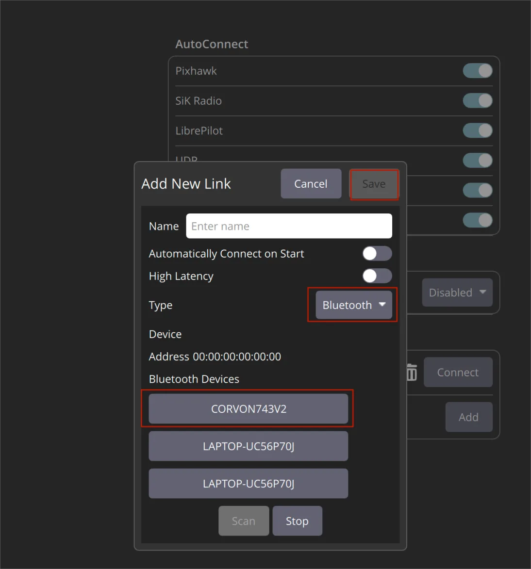 QGroundControl Bluetooth scan and connect CORVON743V2