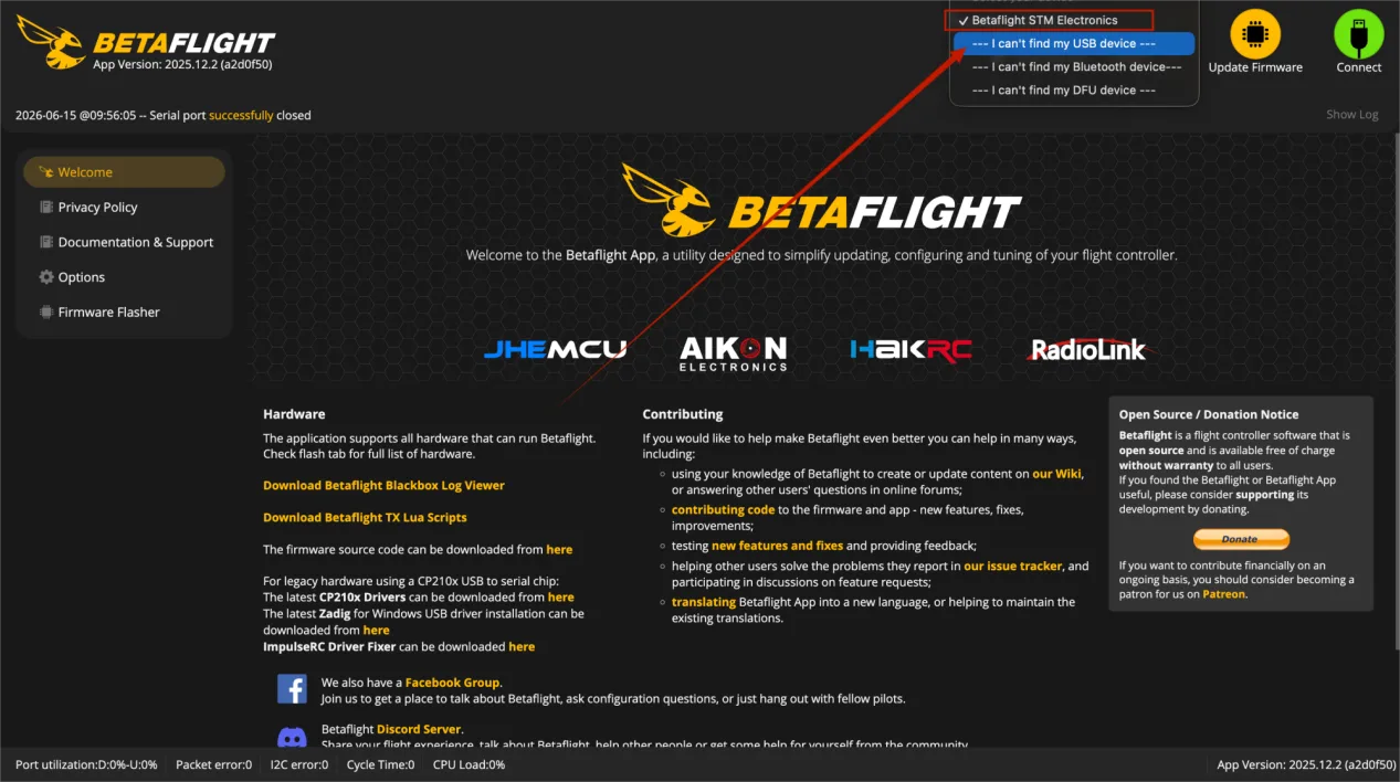 Open Betaflight web configurator