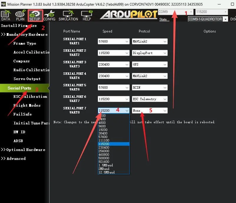 Mission Planner serial port settings
