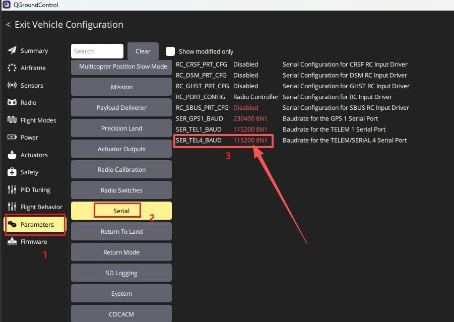 QGroundControl serial parameter settings