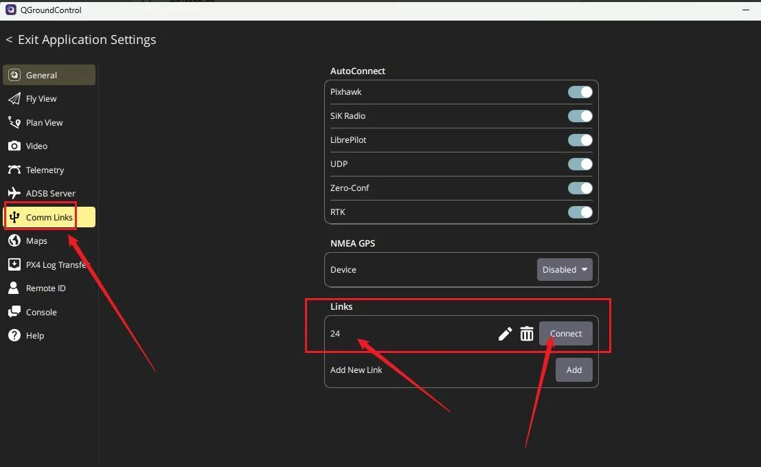 QGroundControl connect through the saved communication link