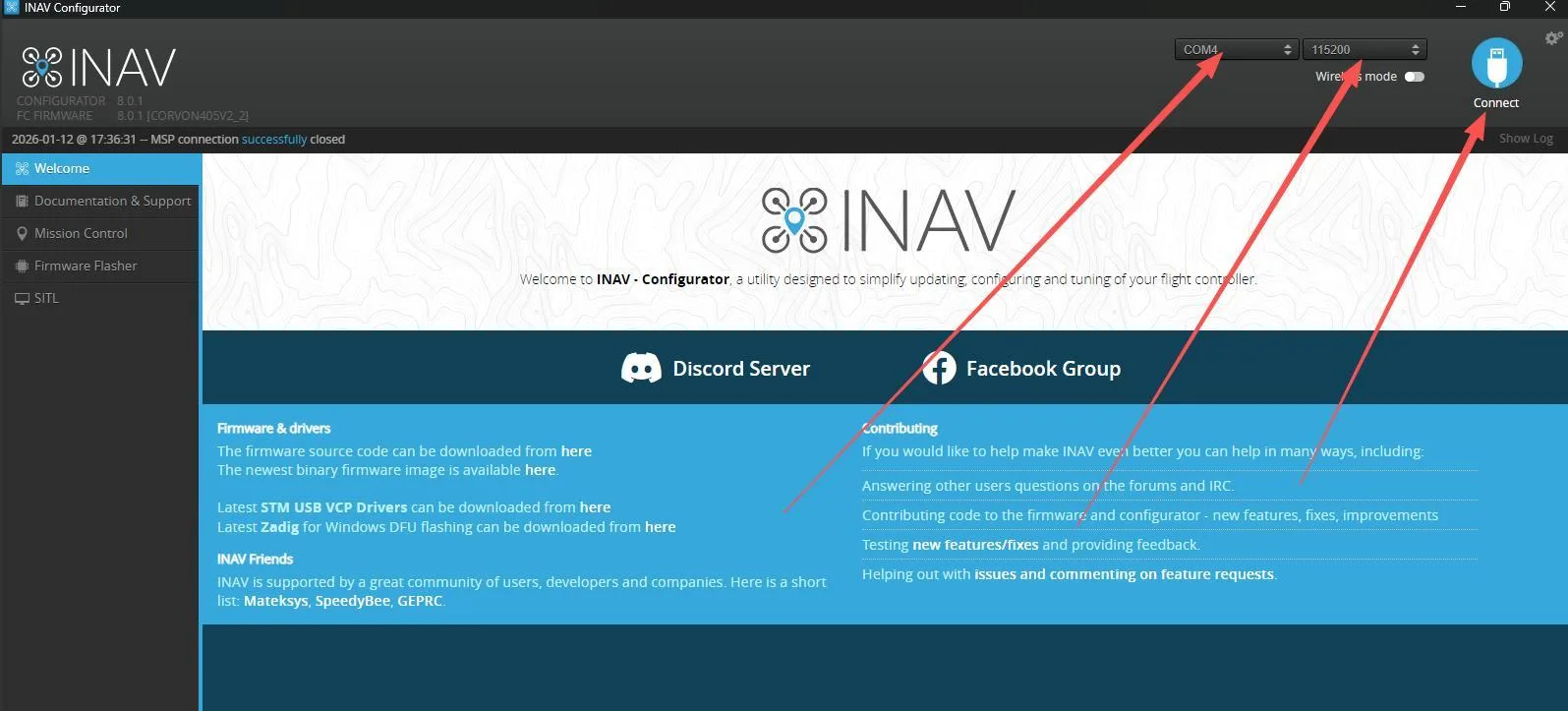 INAV Configurator connection settings