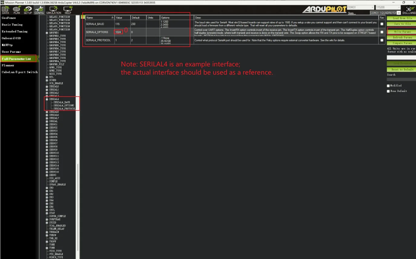 Mission Planner SERIAL4 parameter settings