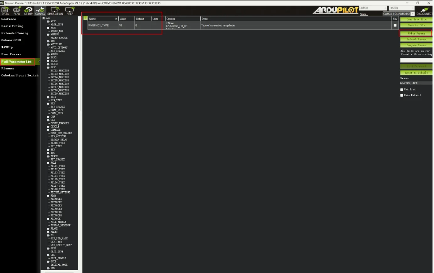Set RNGFND1_TYPE to 10