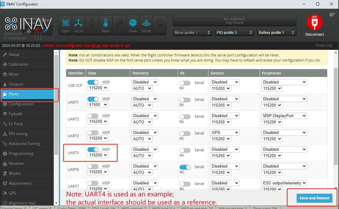 Enable MSP for UART4 on the INAV Ports page
