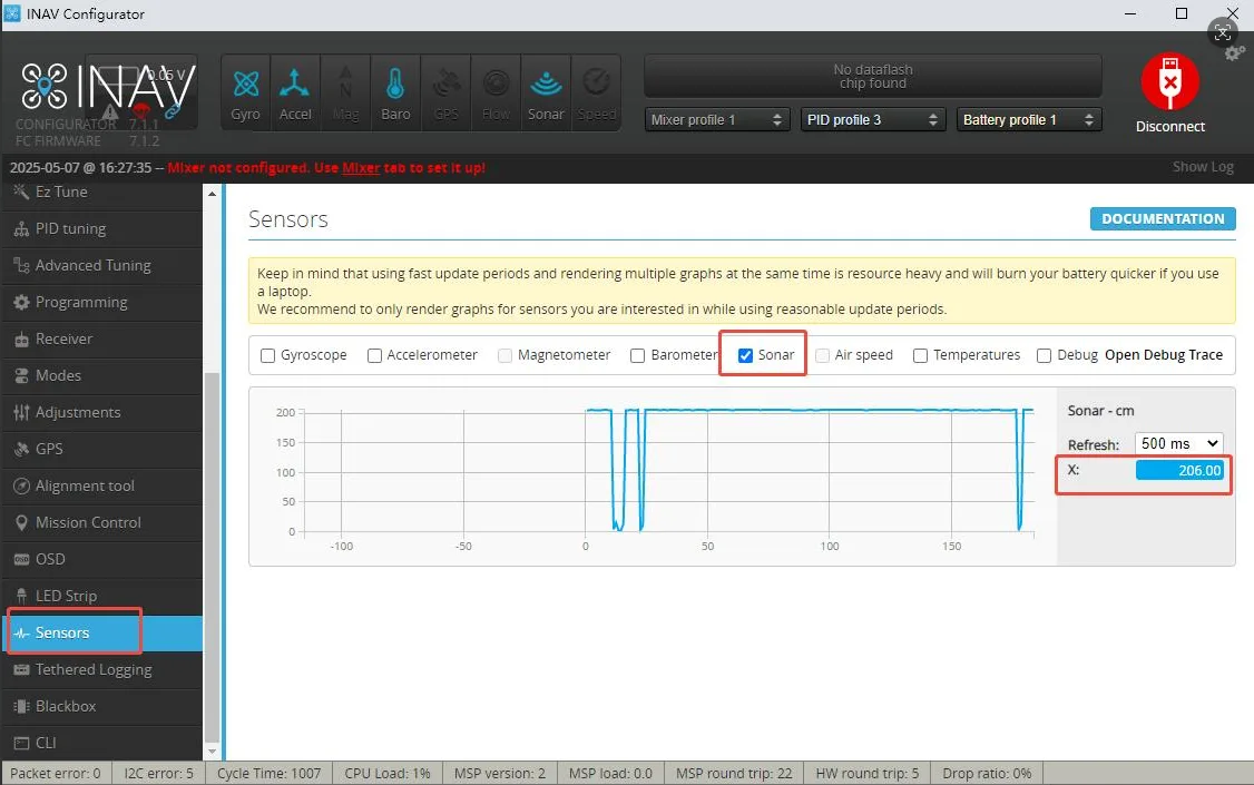 View Sonar waveform and X value on the INAV Sensors page