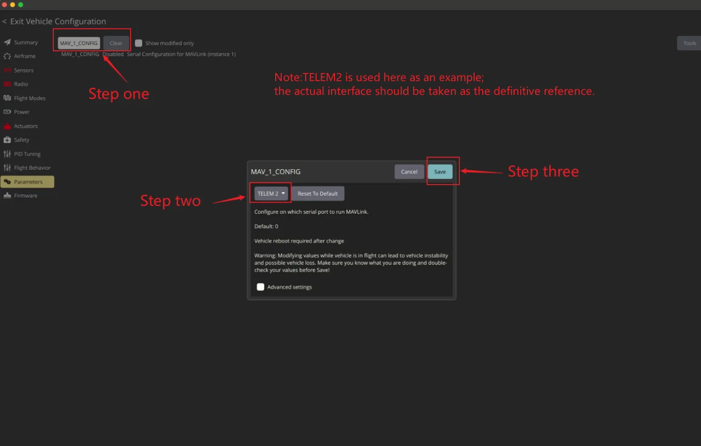 Set MAV_1_CONFIG to TELEM 2