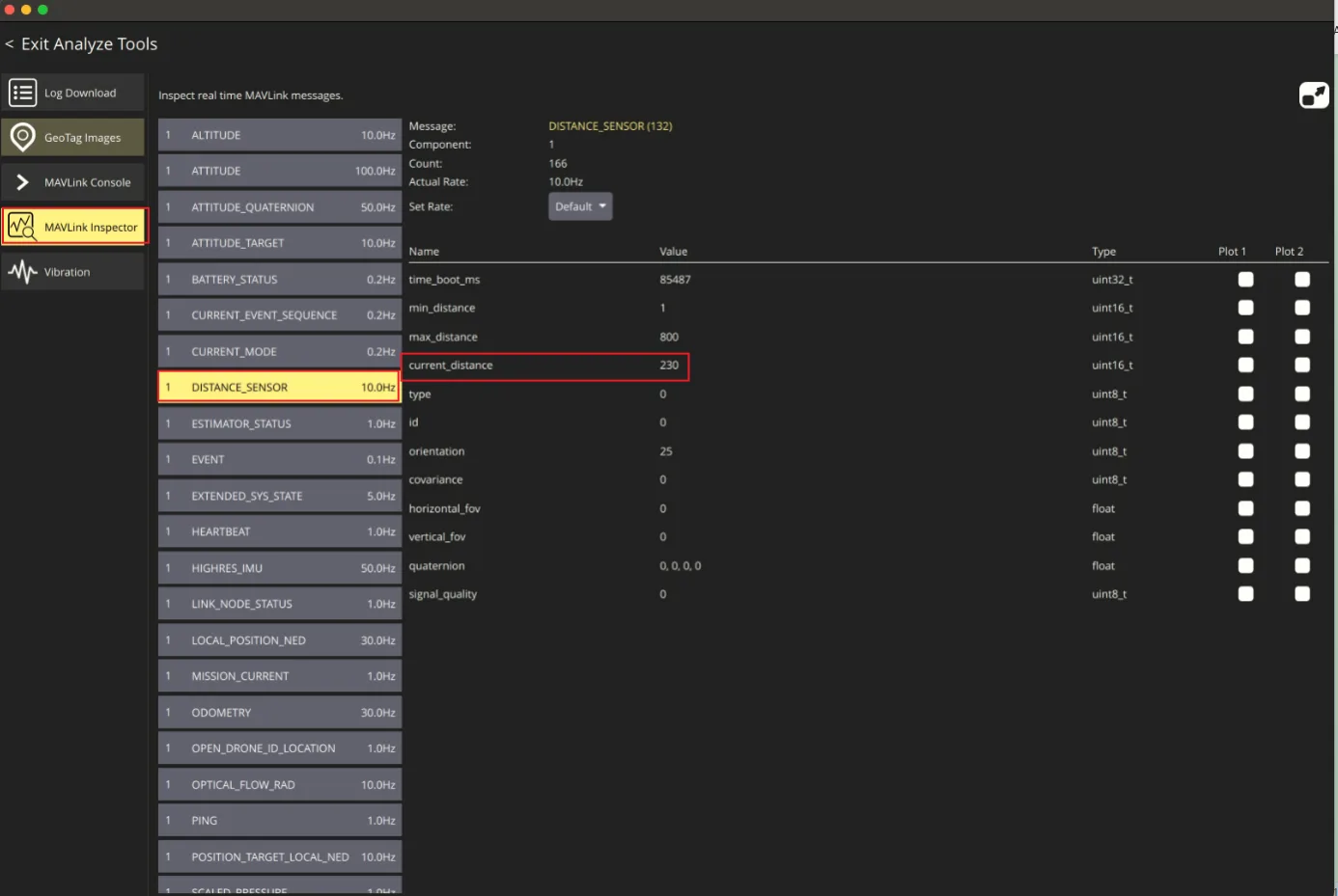 View DISTANCE_SENSOR values in MAVLink Inspector