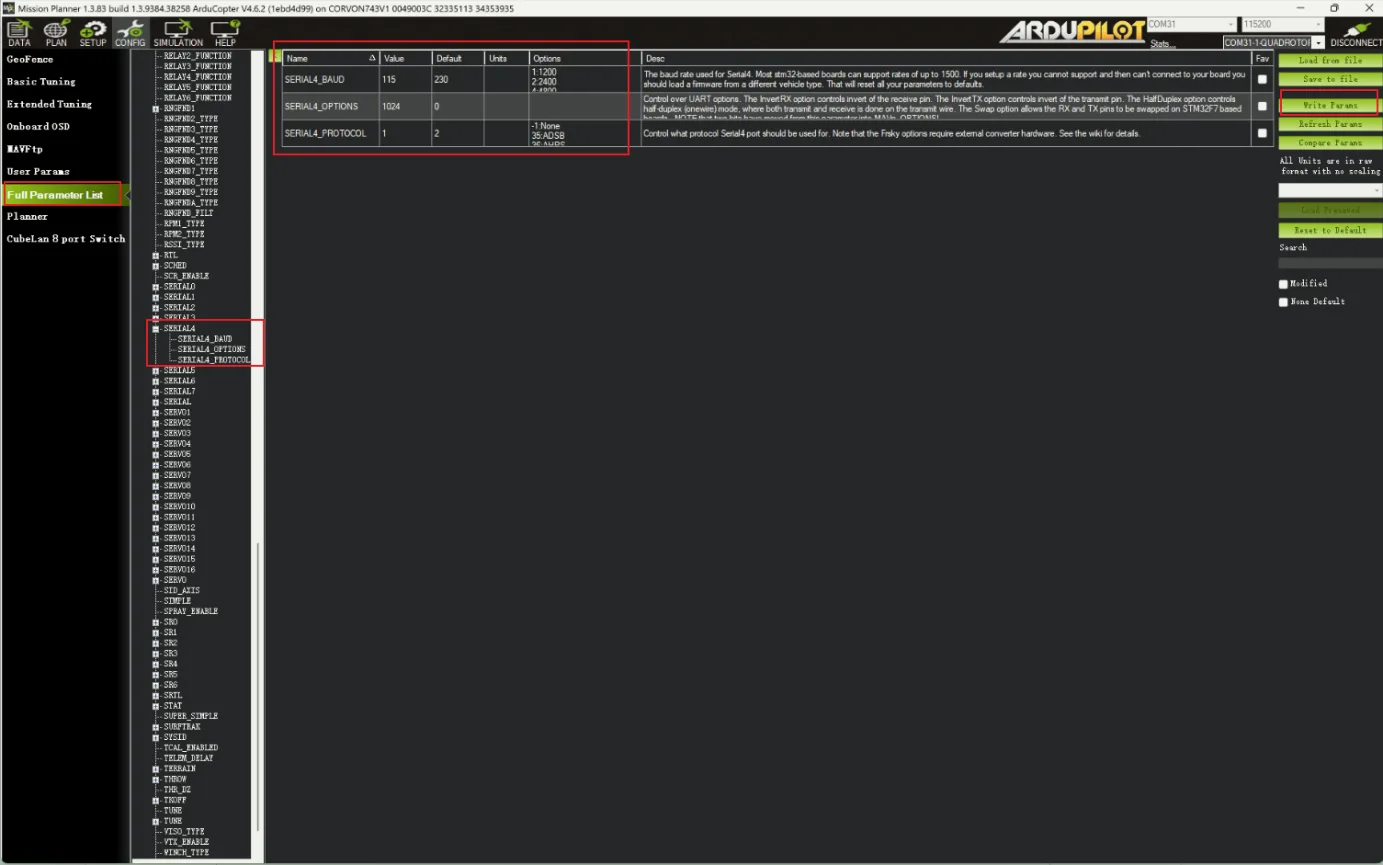 Mission Planner SERIAL4 parameter settings