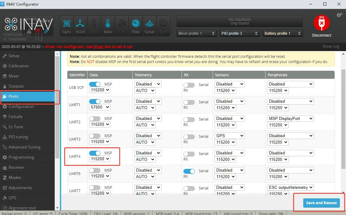 Enable MSP and select 115200 for UART4 on the INAV Ports page