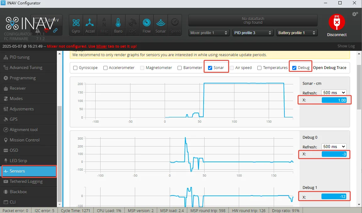 Check Sonar and Debug data on the INAV Sensors page