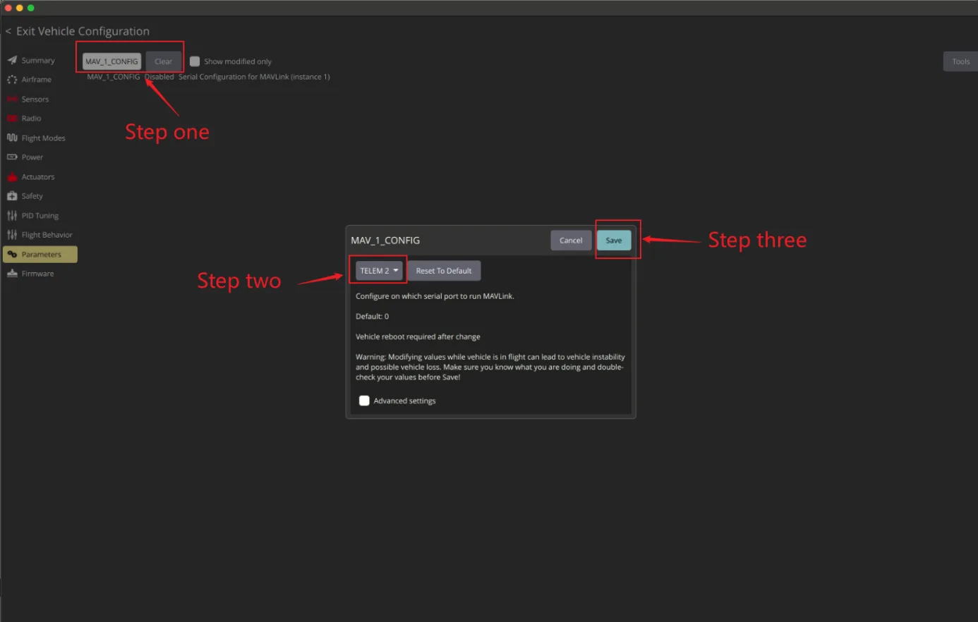 Set MAV_1_CONFIG to TELEM 2