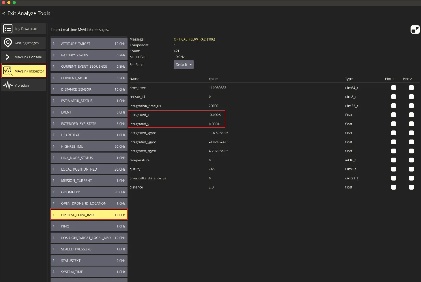 View OPTICAL_FLOW_RAD values in MAVLink Inspector
