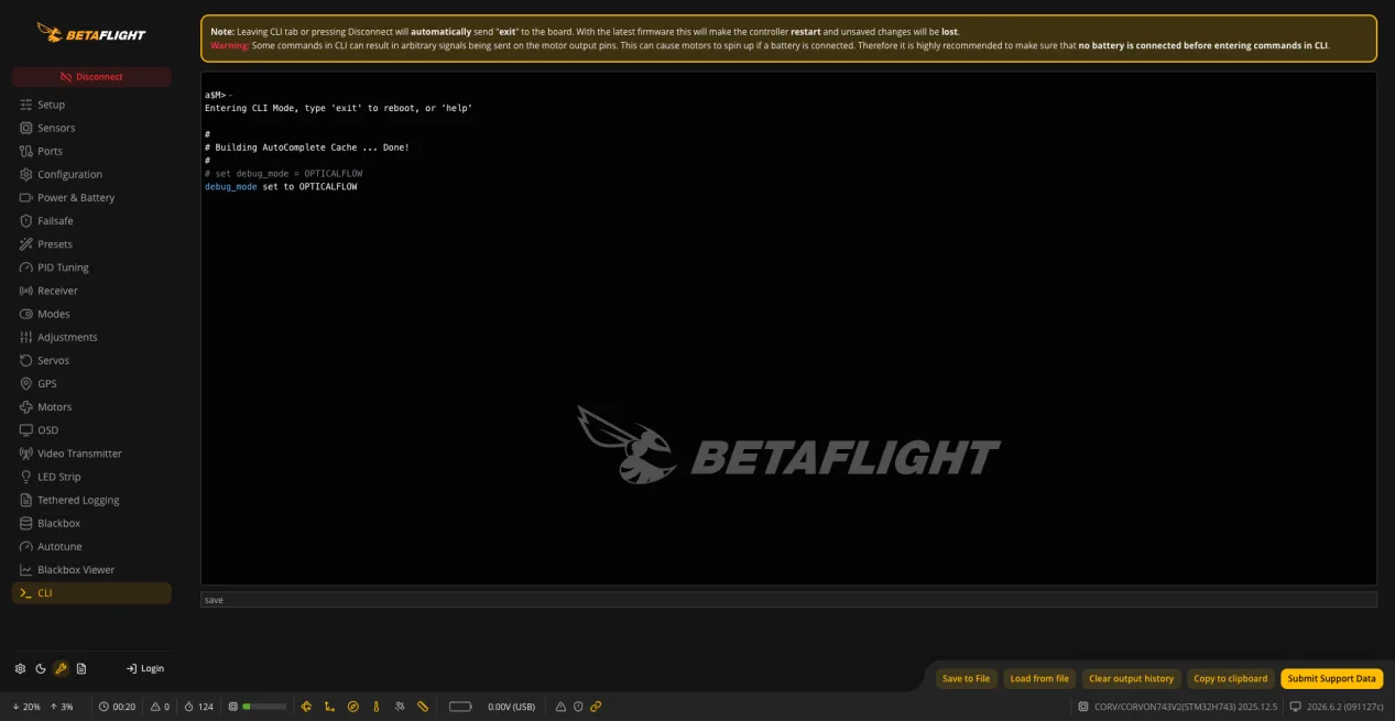 Betaflight CLI with OPTICALFLOW debug mode