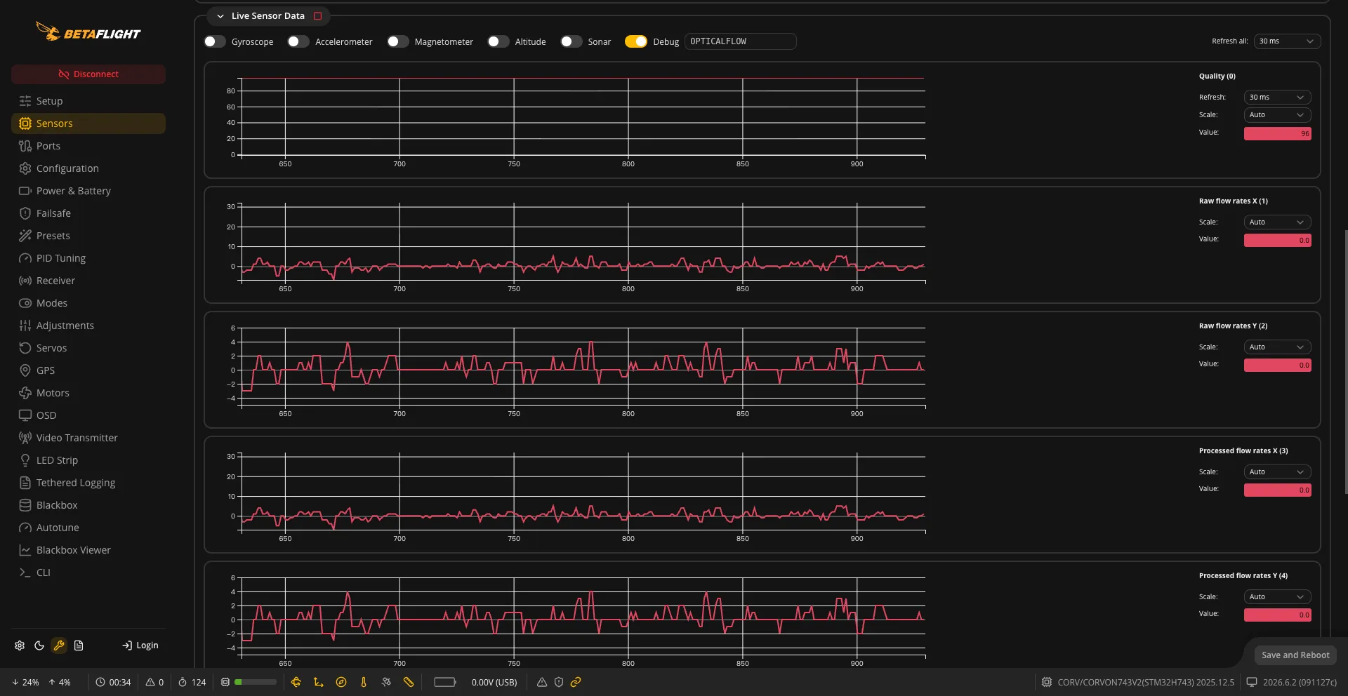 Betaflight Sensors page showing optical flow data