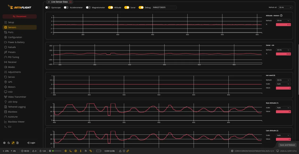 Betaflight Sensors page showing rangefinder data