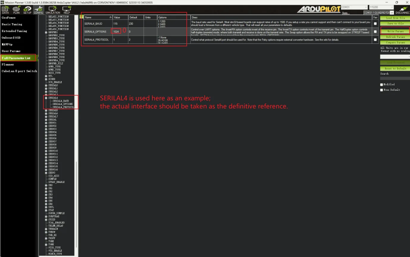 Mission Planner SERIAL4 parameter settings