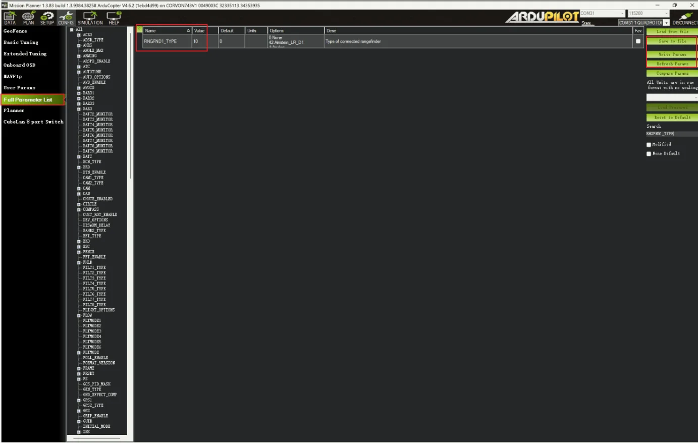 Set RNGFND1_TYPE to 10