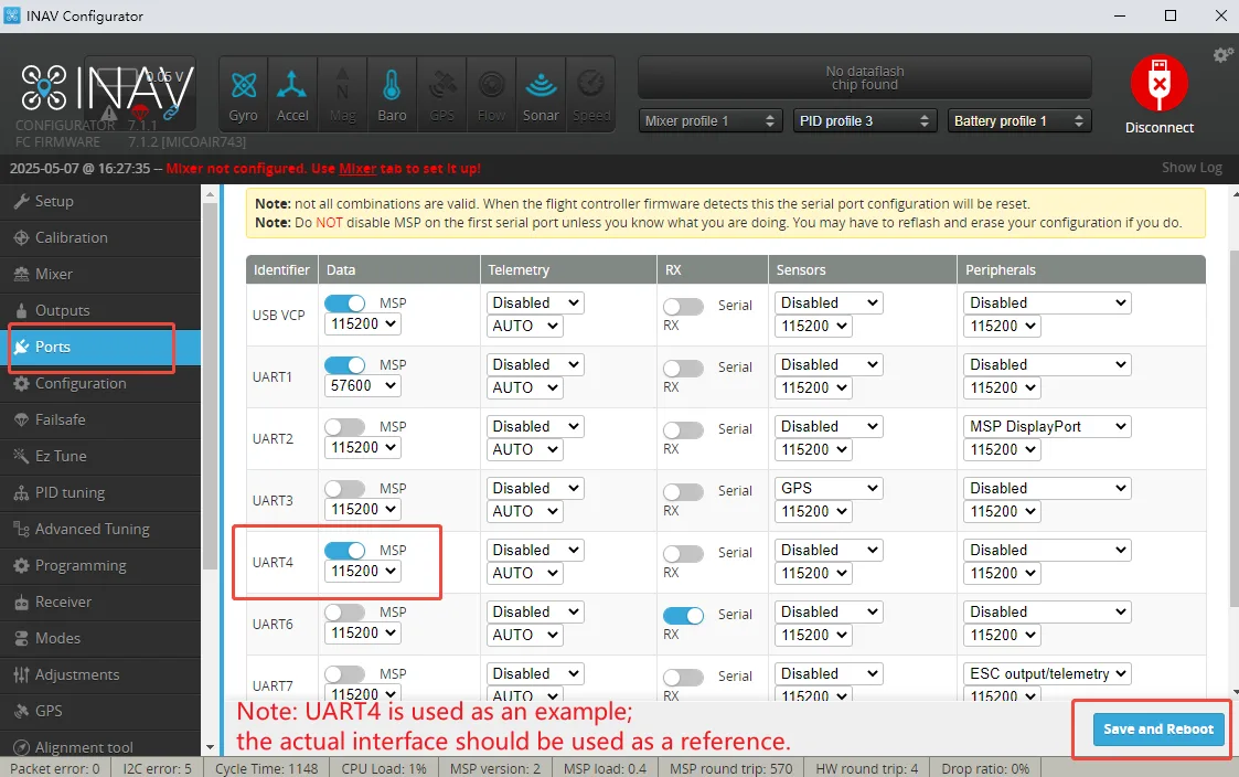 Enable MSP for UART4 on the INAV Ports page