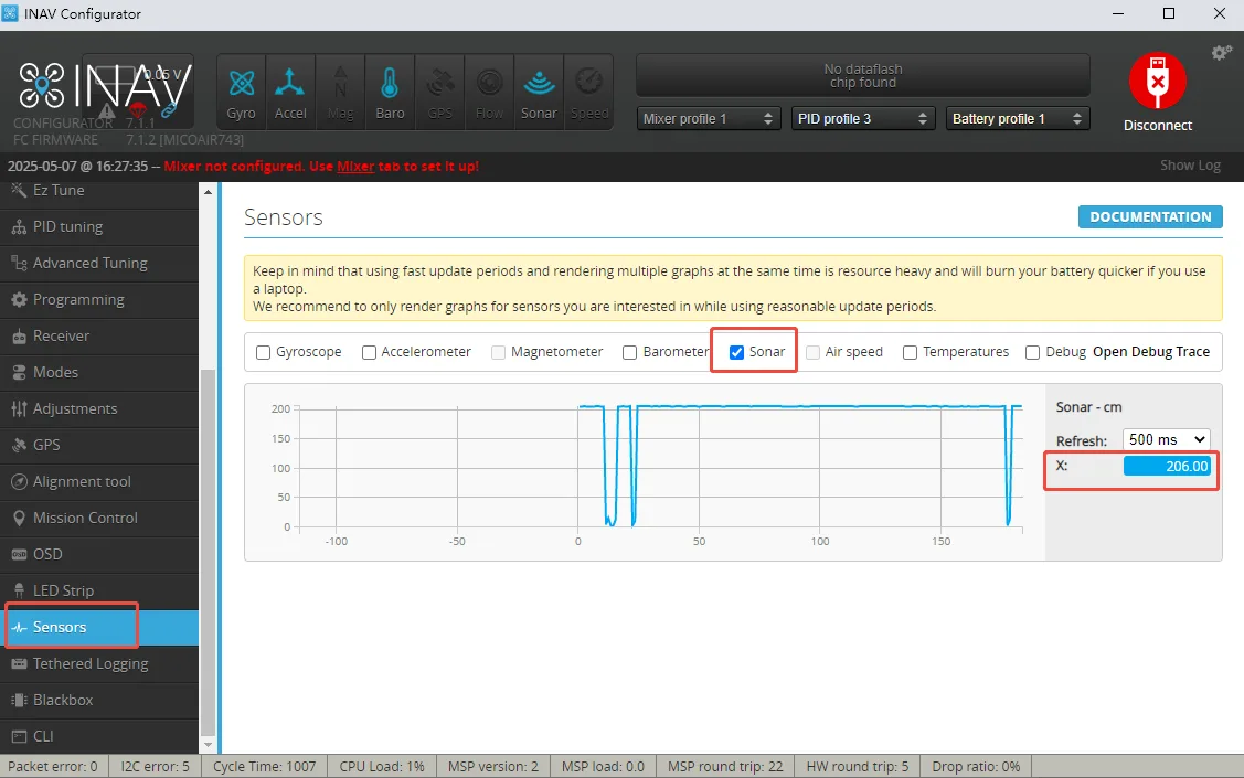 View Sonar waveform and X values on the INAV Sensors page