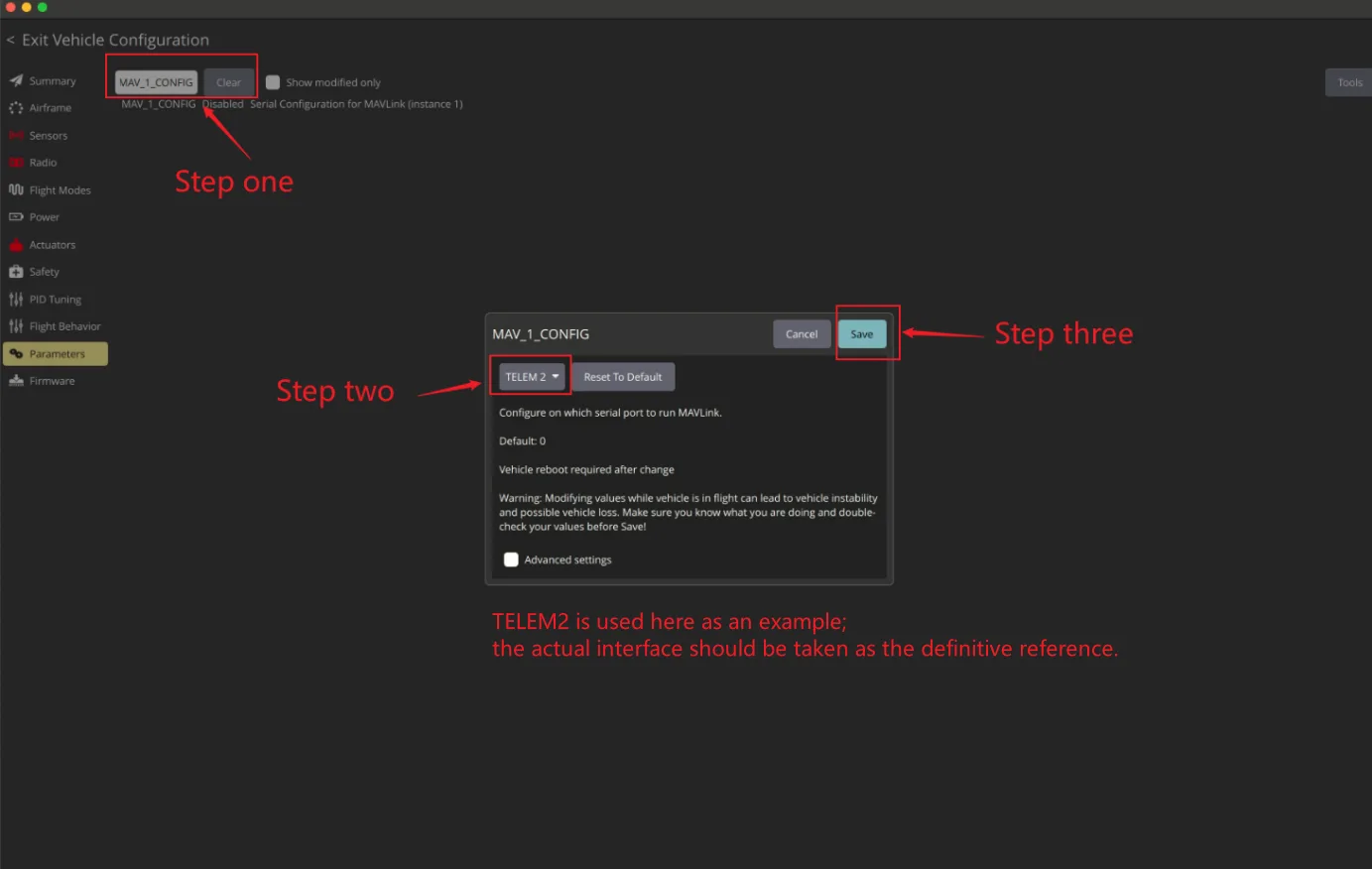 Set MAV_1_CONFIG to TELEM 2