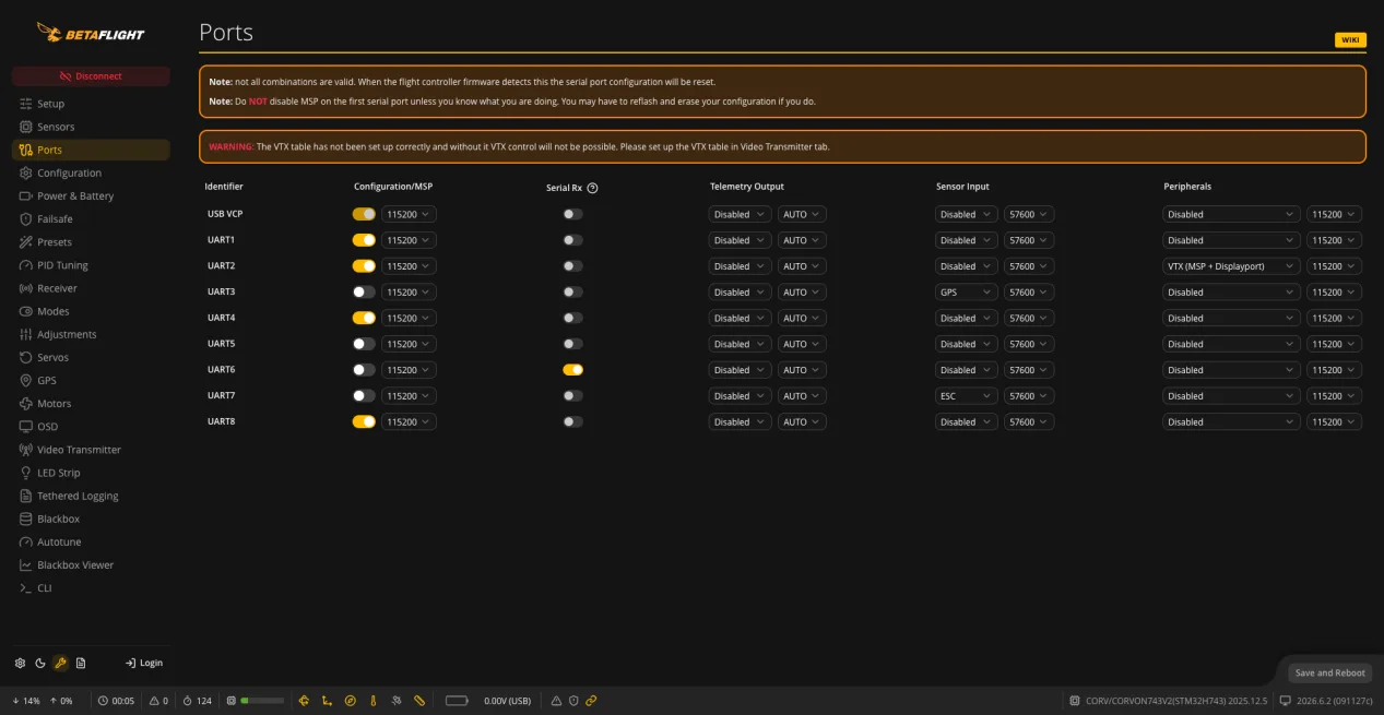 Betaflight Ports page with MSP enabled for UART4