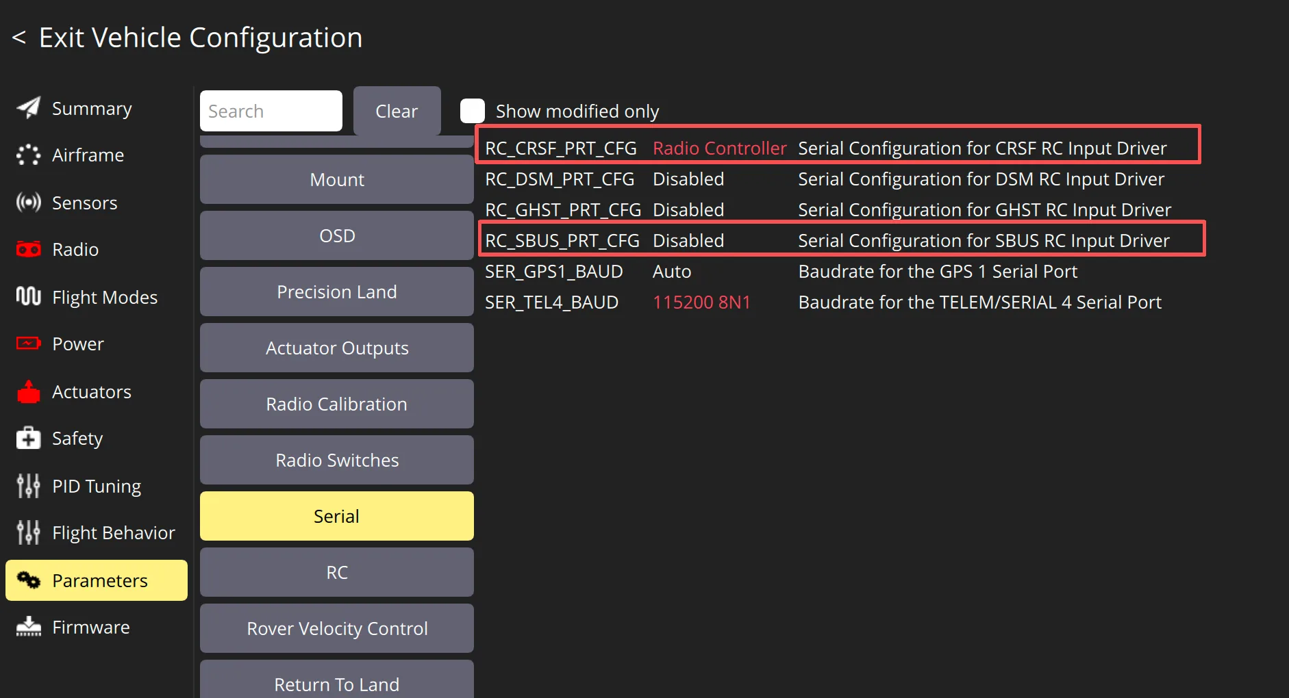 Receiver parameter check CRSF