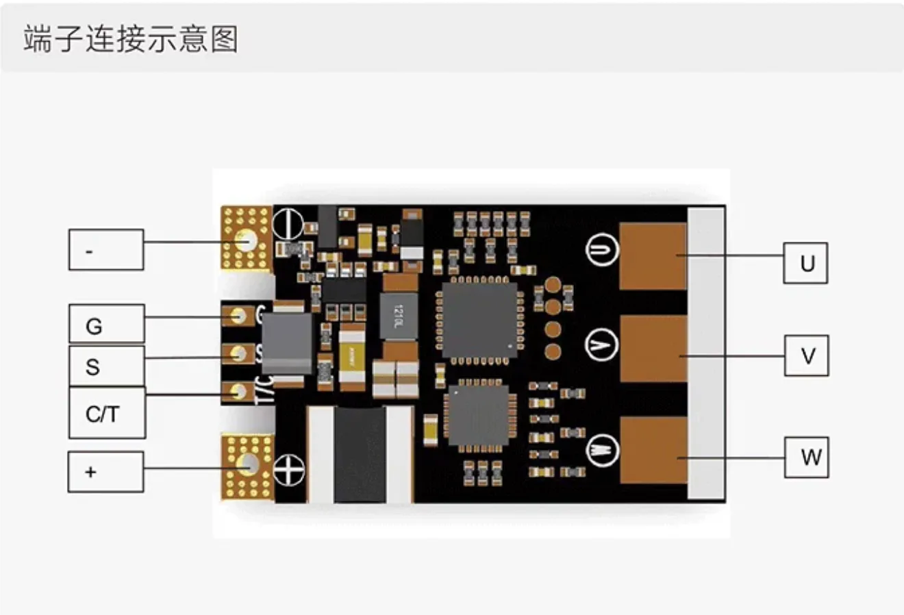 Terminal positions: battery + / −, G, S, C/T, motor U / V / W